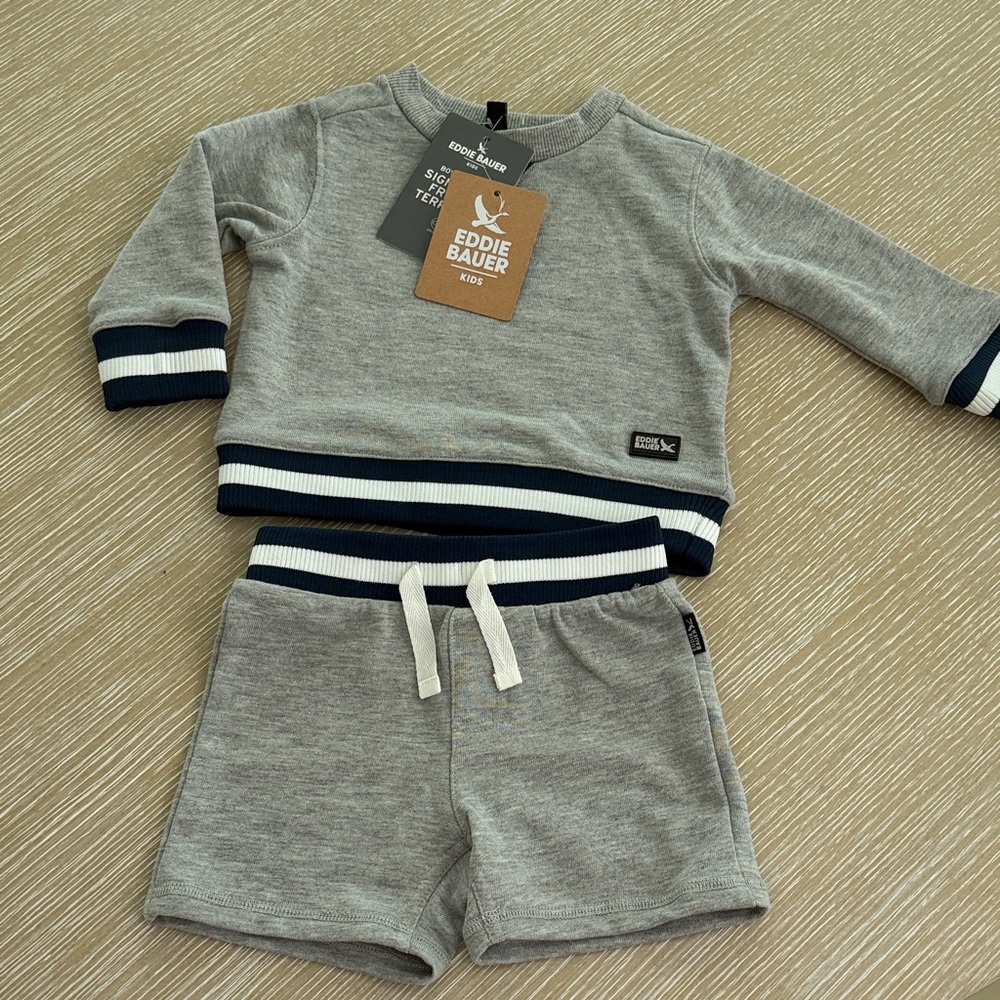Eddie Bauer Grey Baby Boy Sweatshirt Hoodie and Shorts Set with Navy Trim 12 M - Picture 2 of 9